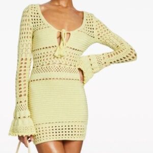 RETROFETE Pale Yellow Crochet Long Sleeve Mini Dress